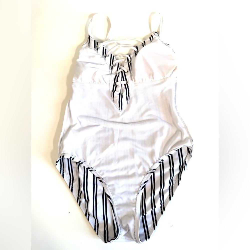 Nautica White with Navy Stripes Mio Laced Front One Piece Swimsuit - Picture 10 of 14